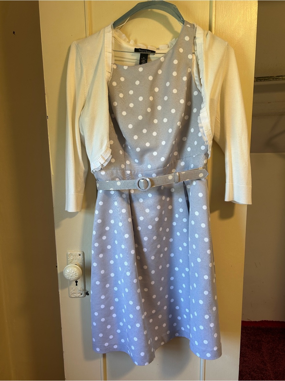 White House Black Market Light Grey Polka Dot Midi Dress with White Bolero